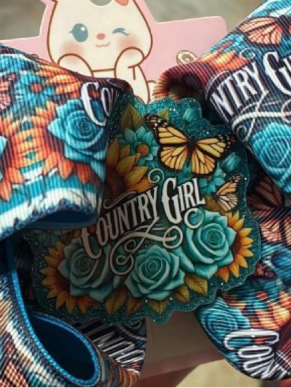 Country Girl Floral Butterfly Bow - Teal & Orange